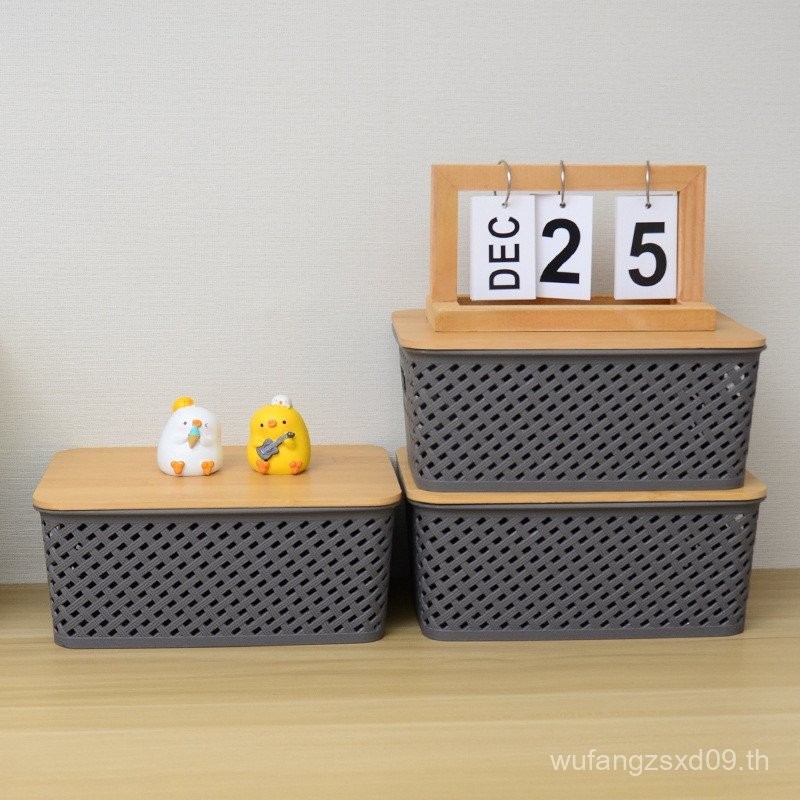 ลดราคา ตะกร้าเก็บทอกลวงพลาสติกคุณภาพสูงหนังสือของเล่นเดสก์ท็อปลายสก๊อตพร้อมฝาปิดไม้ไผ่ตะกร้าเก็บของวางซ้อนกันได้