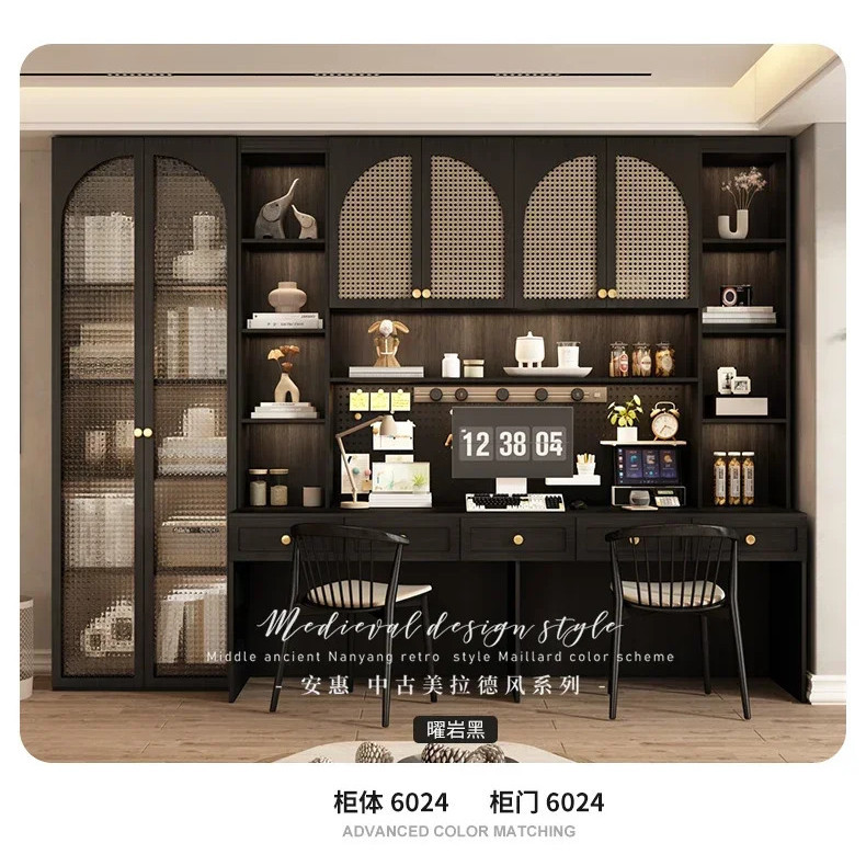 โต๊ะ ตู้หนังสือไม้เนื้อแข็งรวมกันแบบบูรณาการโต๊ะคอมพิวเตอร์ห้องนอนคู่ครอบครัวนักเรียนโต๊ะเขียนหนังสือโต๊ะเรียน