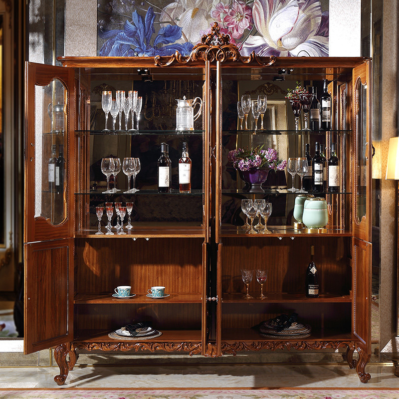 Kaiser Palace สไตล์ยุโรปแก้วไม้เนื้อแข็งสี่ประตูตู้ไวน์ผนังด้านหลังห้องนั่งเล่นอเมริกันในครัวเรือนไม้มะเกลือไม้แกะสลัก Dis