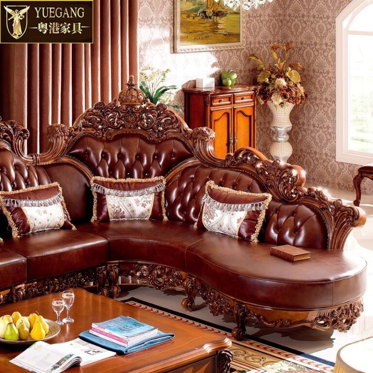 Yuegang สไตล์ยุโรปไม้เนื้อแข็ง Oak โซฟาหนังแท้ห้องนั่งเล่น LShaped Villa ชุดห้องนั่งเล่นเฟอร์นิเจอร์ครบชุด 866