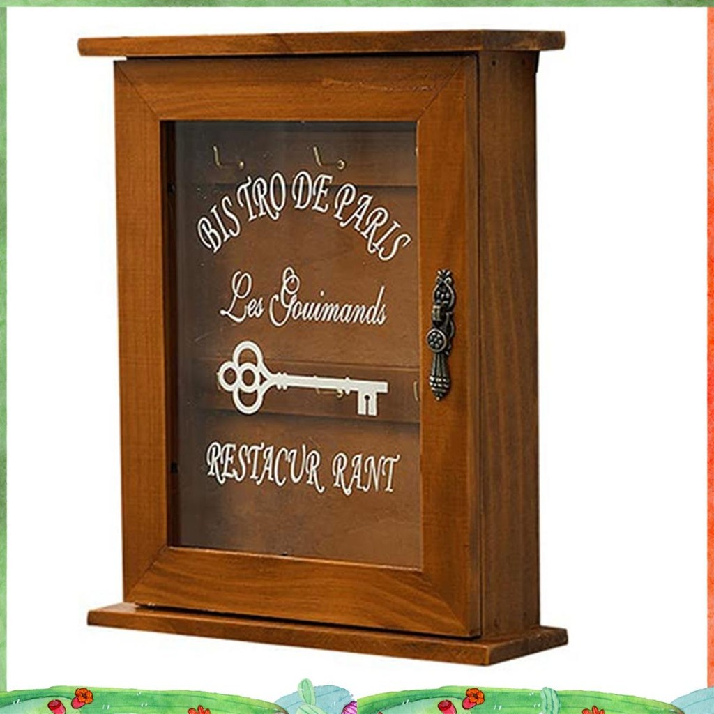 กล่องกุญแจไม้ ย้อนยุค ผนัง ตู้เก็บกุญแจที่มีประตูแม่เหล็ก ที่เก็บไม้เนื้อแข็งพร้อมตะขอ 6 อันข ติดตั้งง่ายใช้งานง่าย