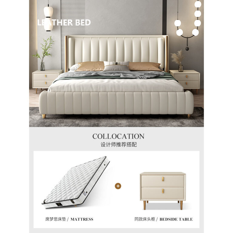 ซีลินเมน ข้าวที่ทันสมัยx2เตียงเตียงใหญ่เจ้าของเตียงเตียงแต่งงานเตียงคู่ที่เรียบง่ายพาร์ทเมนท์ขนาดเล็กข้าวถุงนุ่มอิตาลีหนังแท้ขนาดใหญ