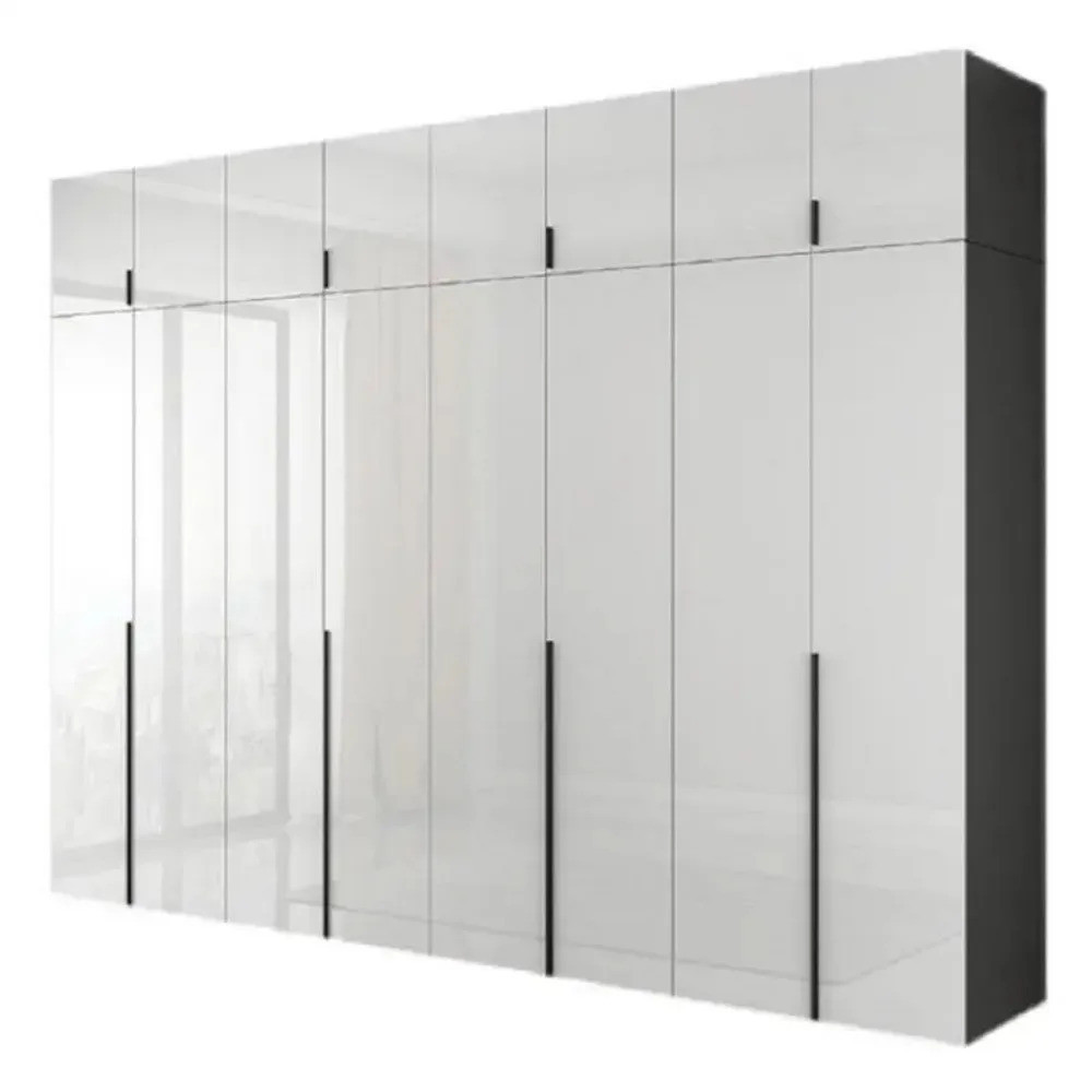 พื้นผิวเคลือบเงาไม้ห้องนอนเฟอร์นิเจอร์เสื้อผ้าที่กาหนดเอง Modular Super ขนาดใหญ่ 8 ประตูตู้เสื้อผ้าตู้เสื้อผ้า Top Cab