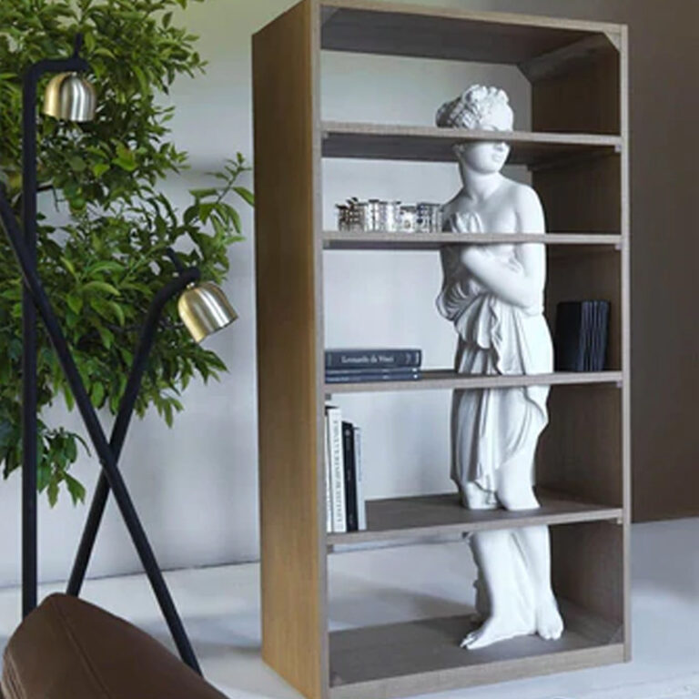 วิจัยบ้านไม้เนื้อแข็งศิลปะสีขาวภาพแกะสลักตัวละครชั้นวางจอแสดงผลที่ทันสมัยที่เรียบง่ายชั้นเก็บ ก