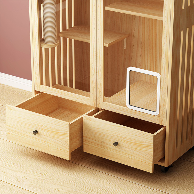 กรงแมววิลล่าไม้เนื้อแข็งในครัวเรือนในร่มพื้นที่ว่างบ้านแมวยักษ์ขนาดใหญ่ครอกแมวพาร์ทเมนท์อะคริลิสามชั้น