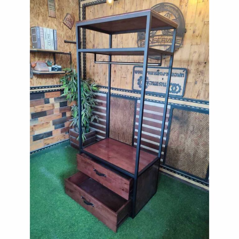 IRONSERVICE ราวแขวนผ้าพร้อมลิ้นชักโครงเหล็กกันสนิม ไม้แท้เคลือบเงาใส จัดส่งเร็ว