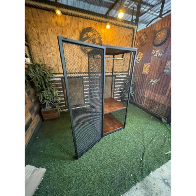 IRONSERVICE ตู้เสื้อผ้าโครงเหล็กกันสนิม ไม้แท้เคลือบเงาใส จัดส่งเร็ว