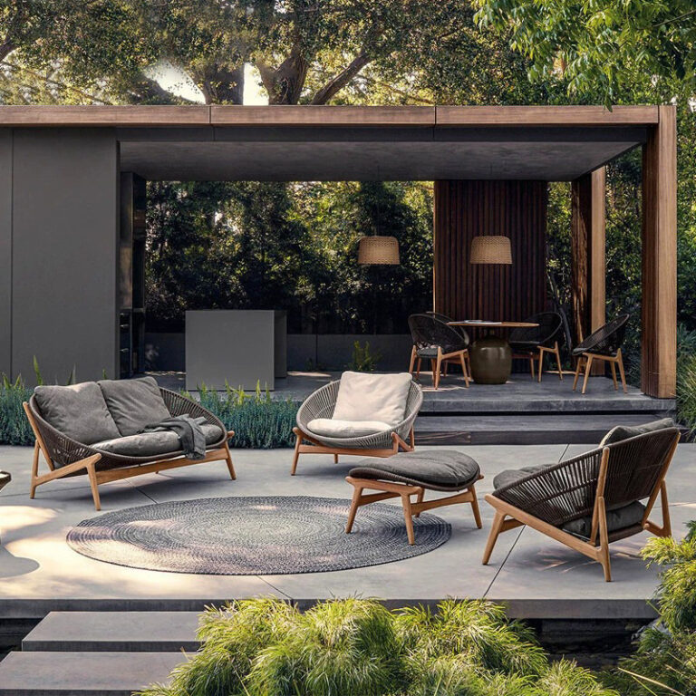 โซฟาหวายไม้เนื้อแข็งพักผ่อนสไตล์นอร์ดิกวิลล่าเดี่ยวกลางแจ้งเฟอร์นิเจอร์สวนระเบียงกันน้ำกันแดด