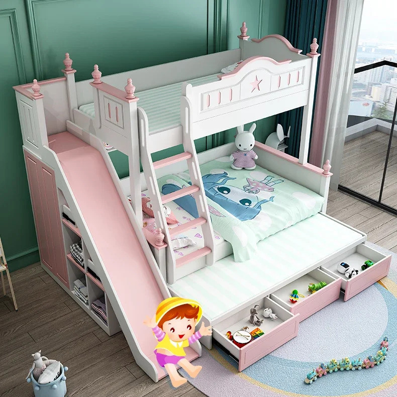 โมเดิร์น Childlike เจ้าหญิงไม้เนื้อแข็งเตียงสองชั้นที่เรียบง่าย 15 เมตรสีชมพูเด็กสาวเตียงสไลด์เตียงสองชั้นพร้อมการจัดเก็บ