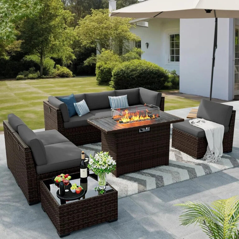 2025 คอลเลกชัน 8 ชิ้นกลางแจ้ง Patio เฟอร์นิเจอร์ชุด 44 Fire Pit ตารางหวายตัดชุด Wแก๊ส Fir