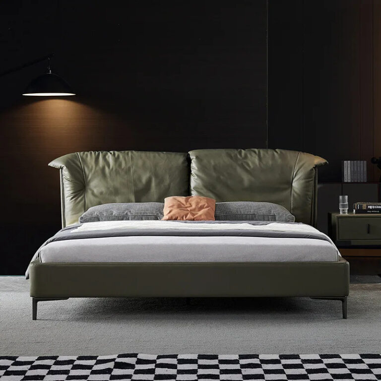 เตียงหนังเรียบง่ายห้องนอนใหญ่สีเขียวเกรดสูงลง 18 เมตรหนังนภาโมเดิร์นแสงนอร์ดิกเตียงควีนใหม่