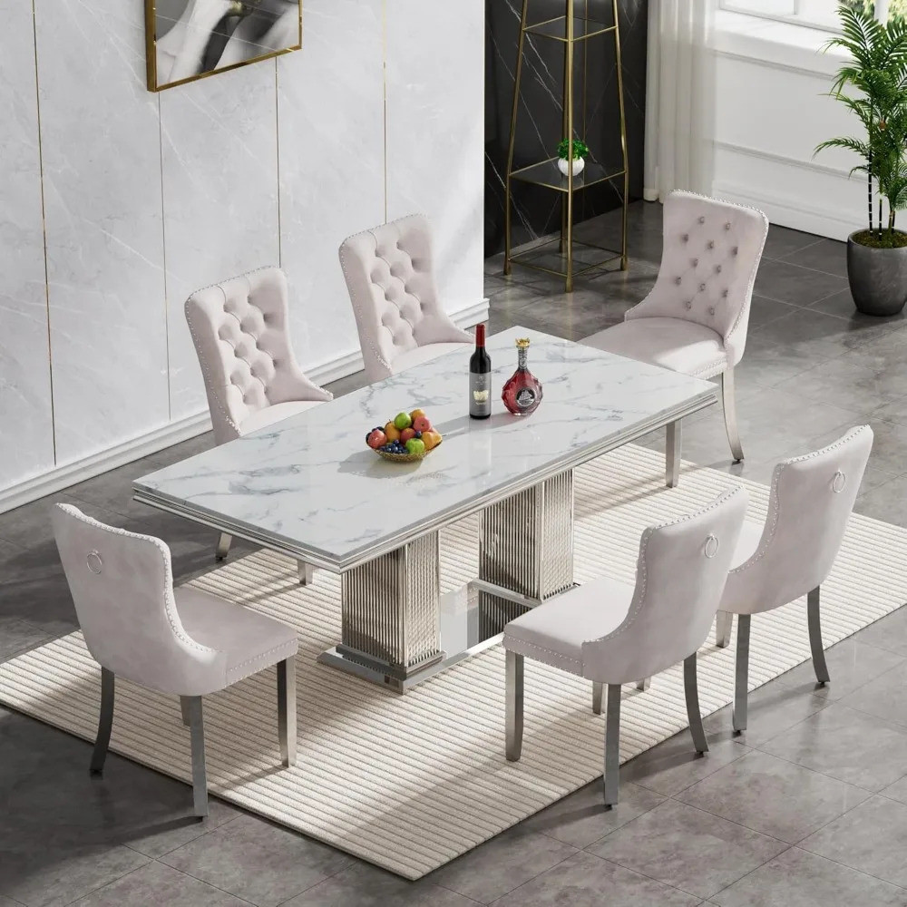 2025 โมเดิร์น 7 ชิ้น Faux Marble ชุดโต๊ะอาหารสาหรับ 6 Silver White Marble Kitchen Table และ 6 Beige Tufted เก้าอี้