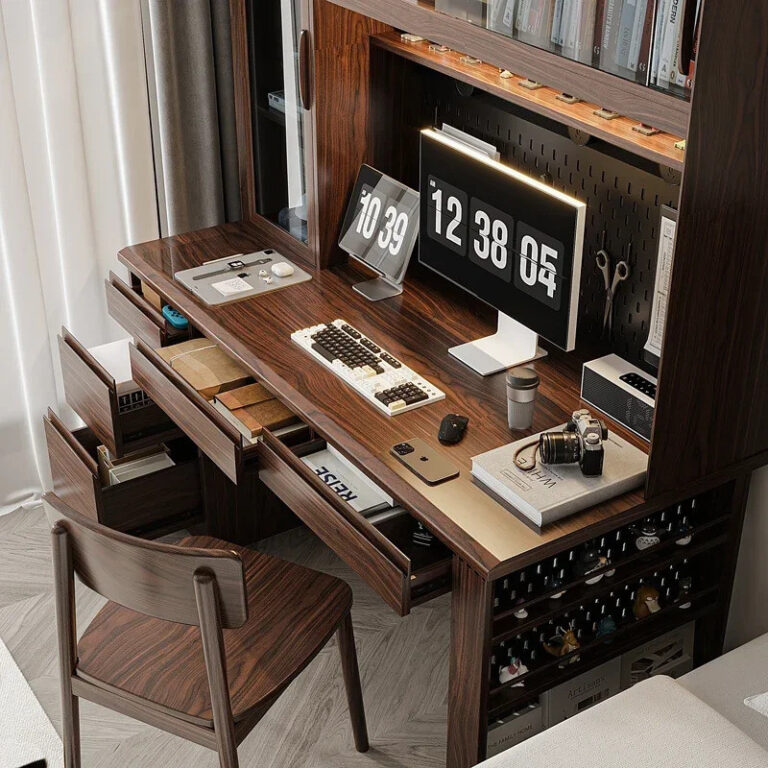 ไม้เนื้อแข็งโต๊ะคอมพิวเตอร์สก์ท็อปโต๊ะนักเรียนตู้หนังสือหนึ่งรวมกันบ้านโต๊ะคู่