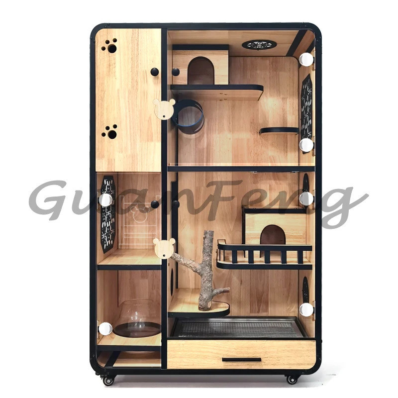 กรงตู้ชินชิลล่าวิลล่าขนาดใหญ่พิเศษพร้อมเครื่องปรับอากาศรังน้าแข็งกรงสัตว์เลี้ยงยางไม้เนื้อแข็งสองชั้น