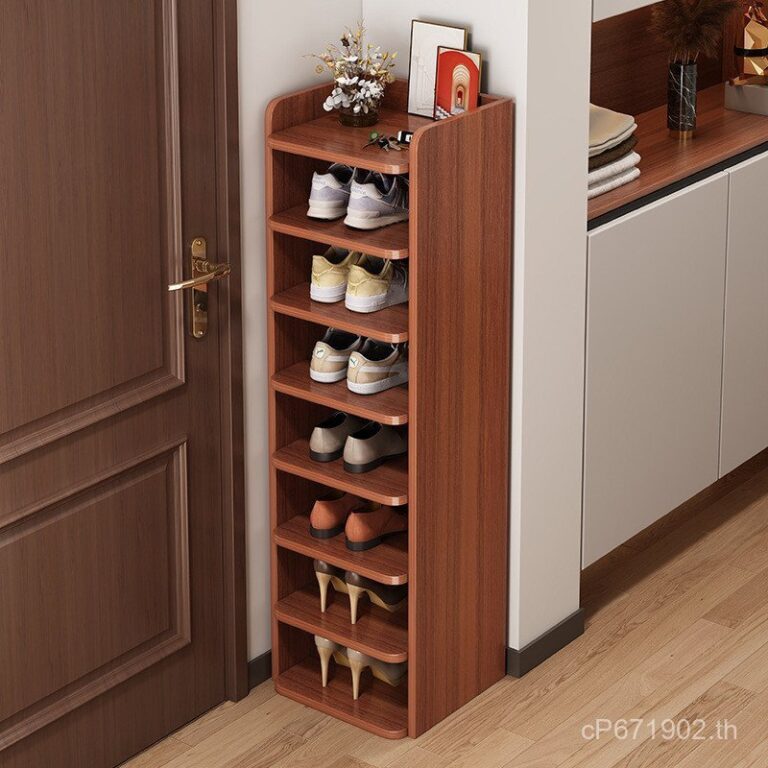 ชั้นเก็บของ ชั้นยืนอเนกประสงค์ทางเข้าชั้นเก็บตู้รองเท้าแคบที่เรียบง่ายหลายชั้นชั้นวางรองเท้า เจาะรู หลังเช่าประตูบ้าน ฟูมี่