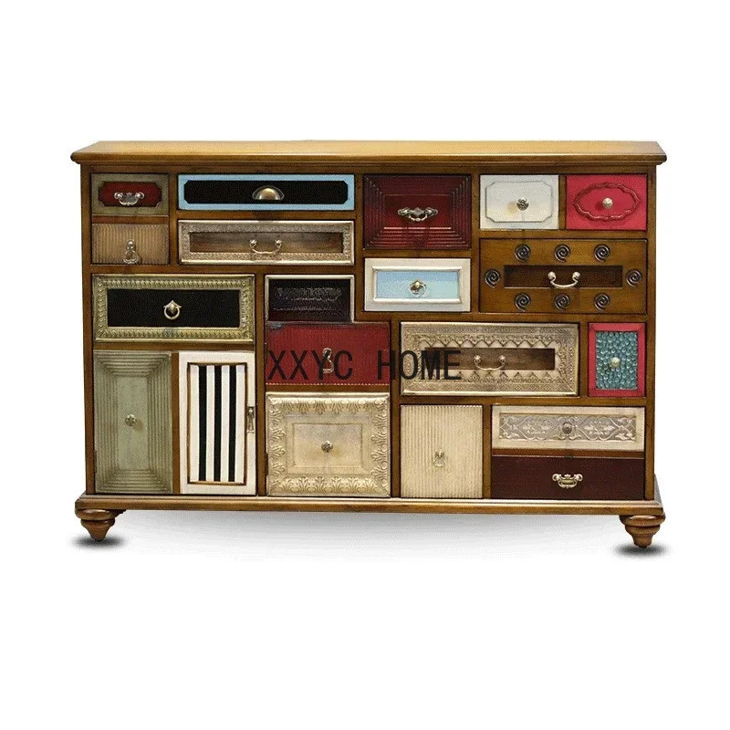 สไตล์อเมริกันไม้เนื้อแข็งทางเข้าตู้ห้องนั่งเล่นหน้าอกลิ้นชักย้อนยุคระเบียงตู้เก็บของโซฟาตู้ข้าง