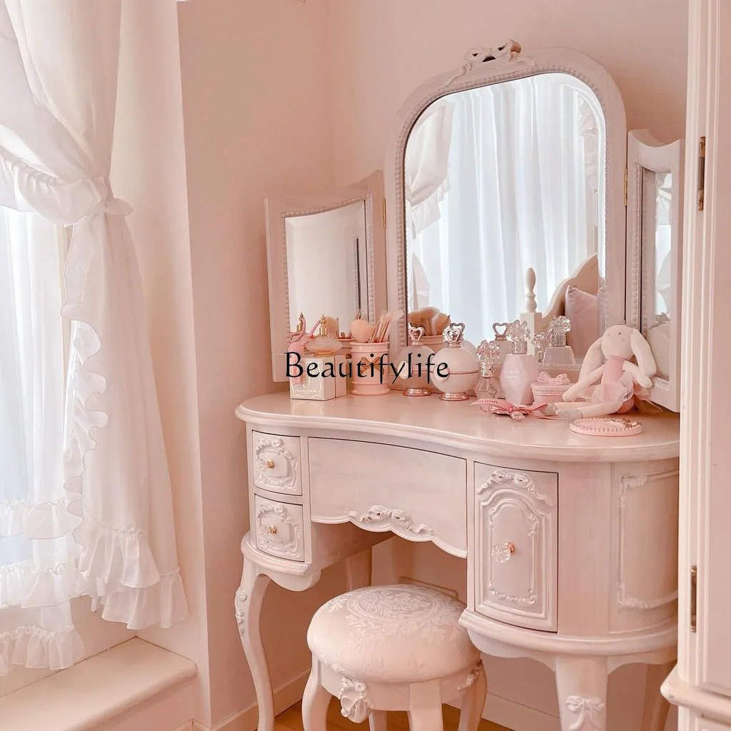 American Country Style Solid Wood Pink Dressing Table Nordic European Style Solid Wood Carved Dressing Table MustHave