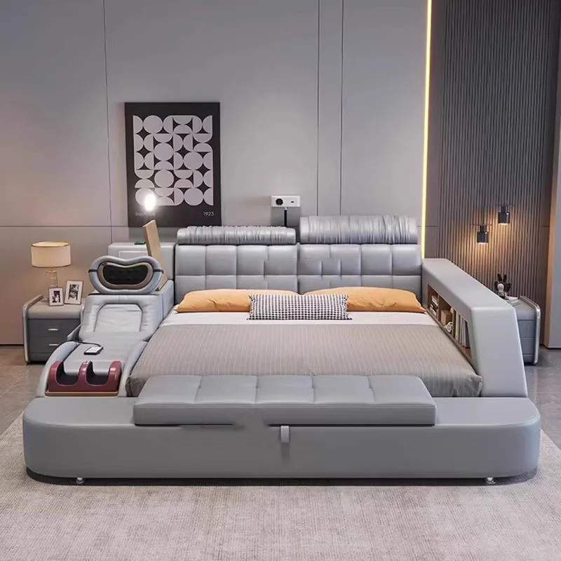 นวดหนังเตียง King Size Nordic Multifunctional Tatami เตียง Nightstands Lounge Somieres Y Marcos De Cama ห้องนอน Fu