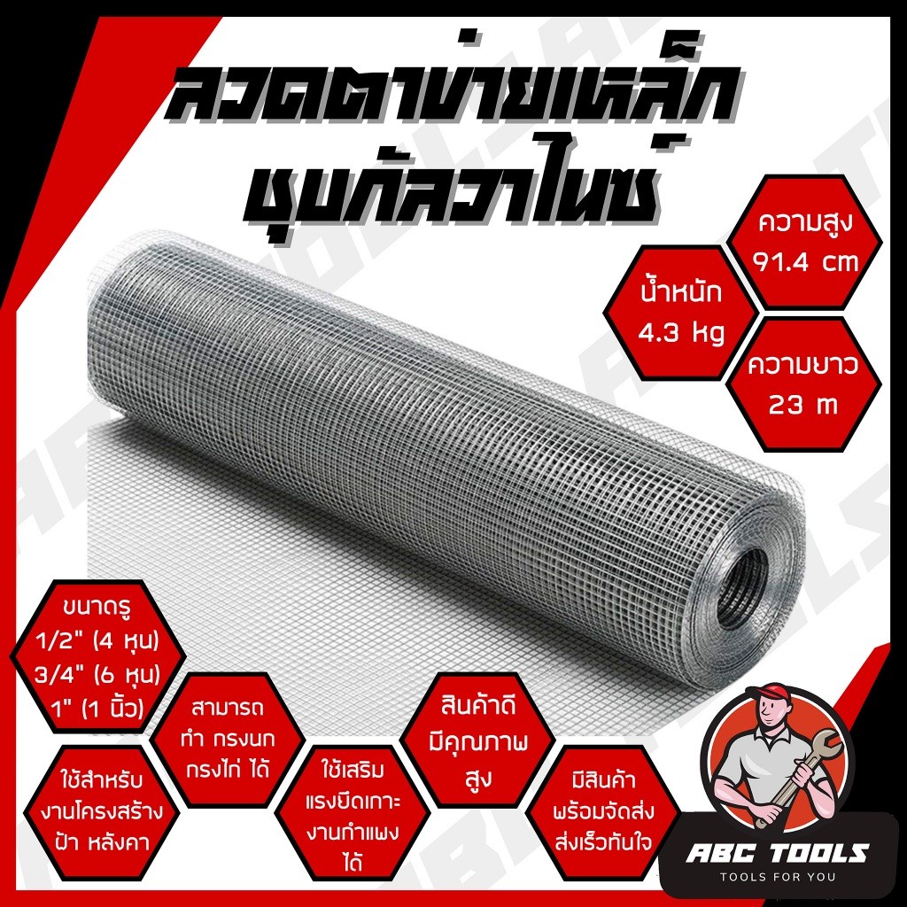 ลวดตาข่ายสี่เหลี่ยม ชุบกัลวาไนซ์ ขนาด 12 นิ้ว และ 34 นิ้ว และ 1 นิ้ว ตาข่ายกรงไก่ ตาข่ายกรงนก ตะแกรงกรงไก่