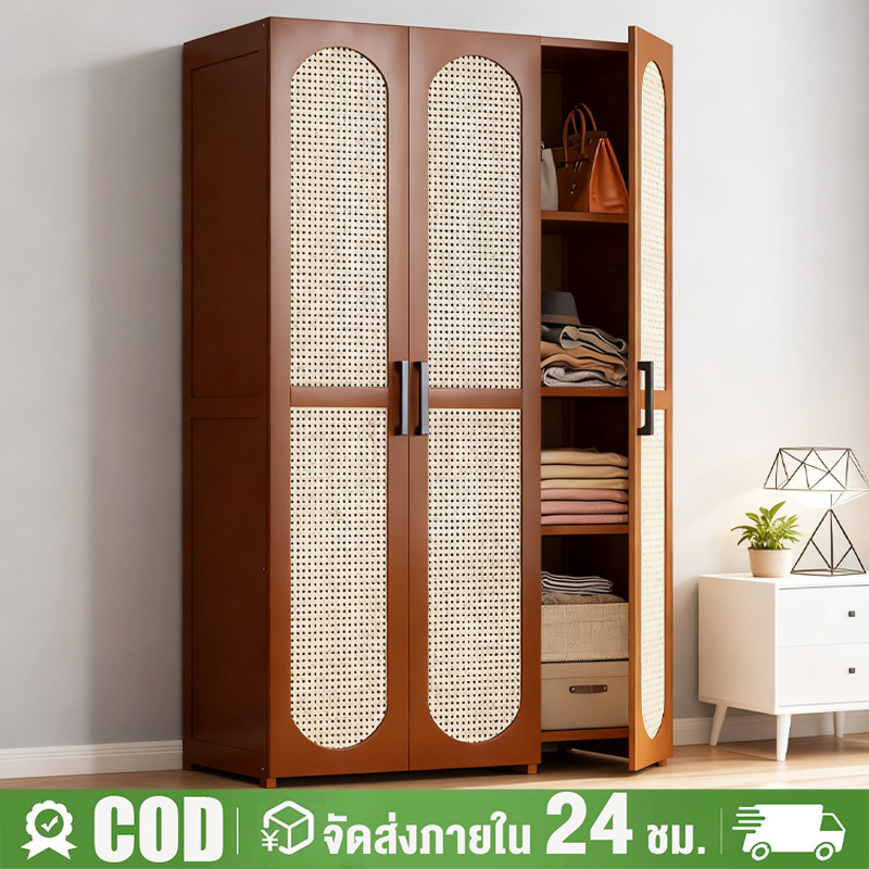 ตู้เสื้อผ้าหวายไม้ไผ่ ตู้เสื้อผ้าความจุขนาดใหญ่ตู้ไม้กันฝุ่นสำหรับเสื้อผ้าตู้เสื้อผ้าห้องนอนพร้อมลิ้นชักตู้เก็บของเสื้อผ