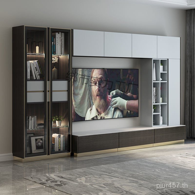 ล็อกเกอร์โดยรวมห้องนั่งเล่นไม้เนื้อแข็งรวมกันรูปแบบใหม่ตู้ทีวีตู้ผนังตู้ที่ทันสมัยที่เรียบง่ายตู้ไวน์ผนังพื้นหลังแบบบูรณาการ JPUQ
