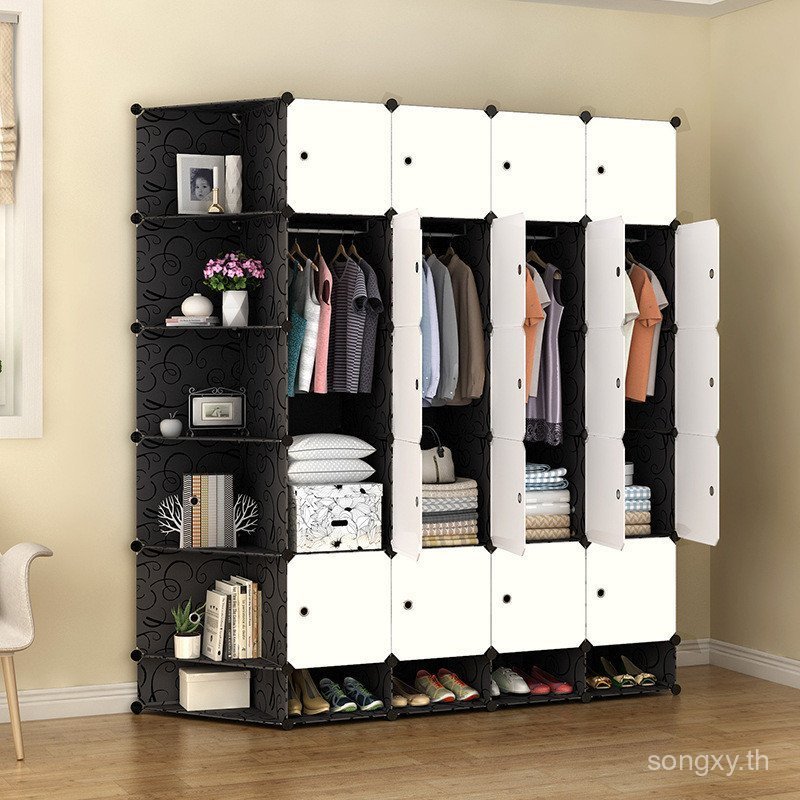ตู้เสื้อผ้า ตู้เสื้อผ้าผ้าเรียบง่ายตัวหนาหนาโครงเหล็กทั้งหมดประกอบผ้าคู่เดียวเก็บแขวนตู้เสื้อผ้าที่เรียบง่ายทันสมัย
