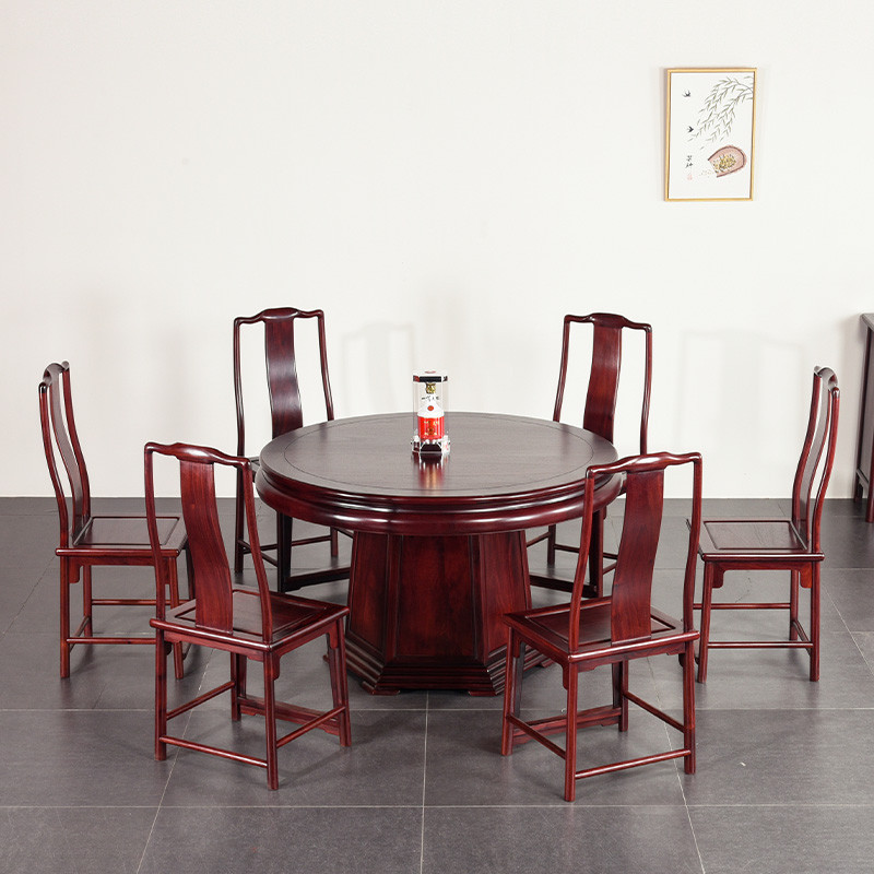 เฟอร์นิเจอร์ไม้มะฮอกกานี แอฟริกันไม้จันทน์สีแดงโต๊ะรับประทานอาหารใหม่จีนโต๊ะกลมคลาสสิกครัวเรือนโต๊ะรับประทานอาหารเลือดไม้จันทน์โต๊ะรับประทานอาหารเก้าอี้รว