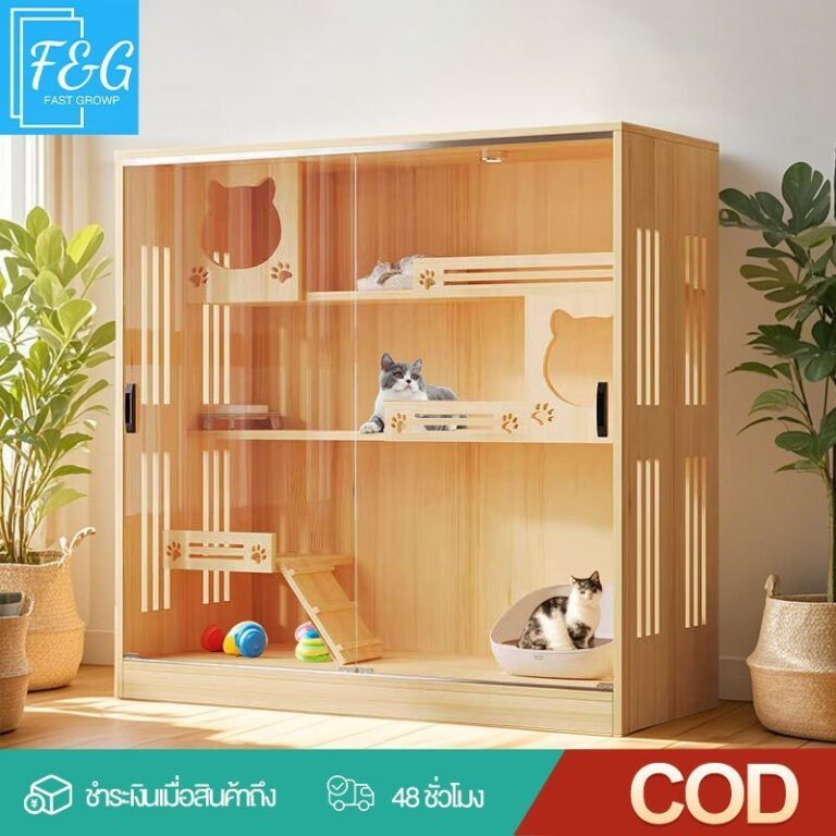 FGกรงแมว วิลล่าแมวไม้ วิลล่าแมว Cat Villa บ้านแมว พร้อมประตูกระจกเทมเปอร์พาโนรามา ไม่มีกลิ่น กันน้ำ พร้อมถาดทรายแ