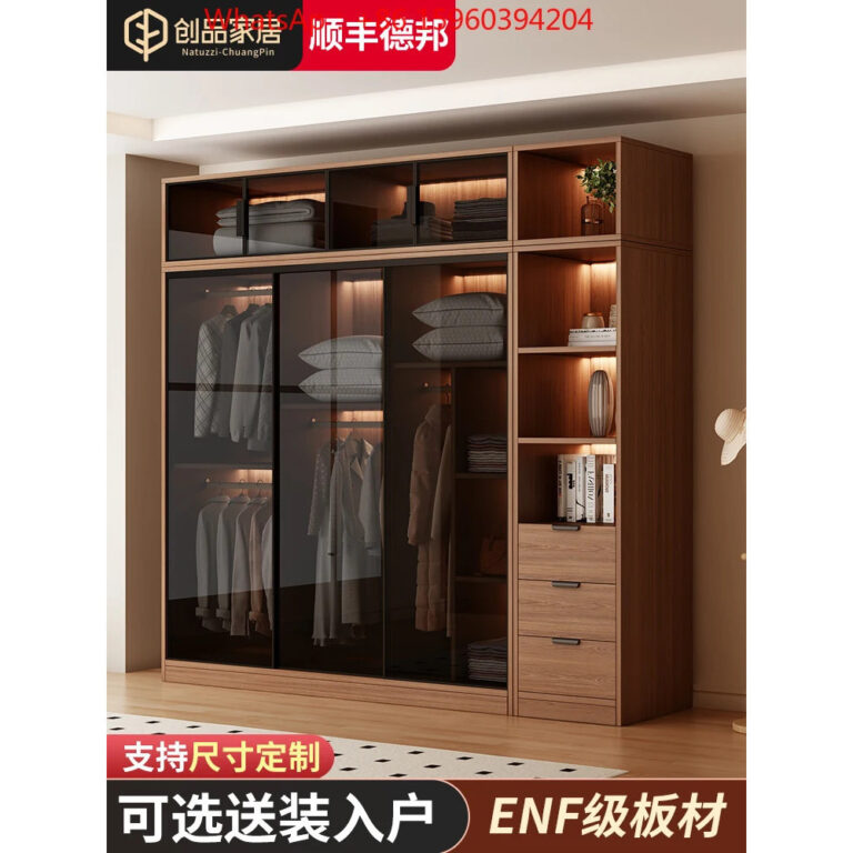 ประตูบานเลื่อน วอลนัทประตูกระจกระดับไฮเอนด์ตู้เสื้อผ้าขนาดใหญ่ในครัวเรือนห้องนอนไม้เนื้อแข็งความเรียบง่ายที่ทันสมัยแสงโปร่งใส