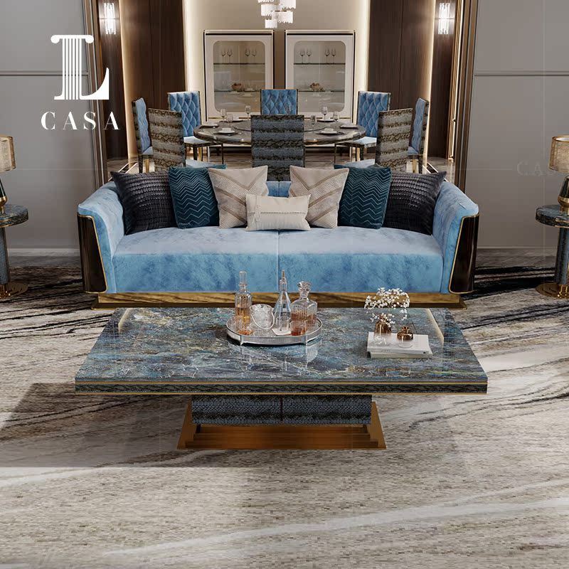 อิตาเลี่ยนหรูหราโต๊ะกาแฟสี่เหลี่ยมขนาดใหญ่อพาร์ทเมนท์ห้องนั่งเล่นเฟอร์นิเจอร์ HighEnd Bolivian สีฟ้าหรูหราหินเฟอร์นิเจอร์สแตนเลส