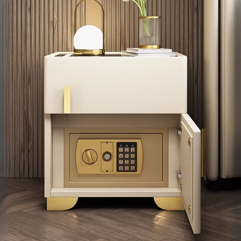 โต๊ะข้างเตียงพร้อมกล่องนิรภัย ตู้ข้างเตียง ตู้ลิ้นชักมัลติฟังก์ชั่น ตู้เก็บของไม้เนื้อแข็งในครัวเรือน