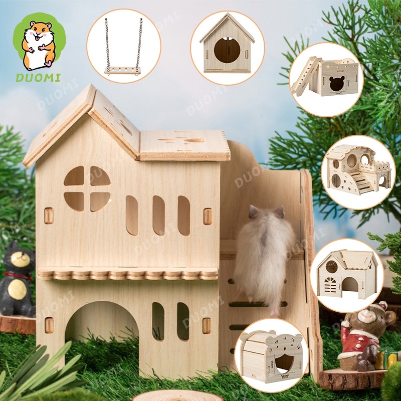 ในสต็อก จัดส่งจากประเทศไทยหนูแฮมสเตอร์ของเล่นอุปกรณ์หนูแฮมสเตอร์ไม้ไม้เนื้อแข็งบ้านหลังเล็กแกว่งนอนรังหมีสีทองวิลล่าสองชั้นทนต่อการเคี้ยว