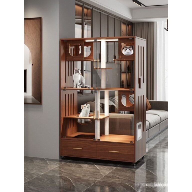 ไม้เนื้อแข็งแมววิลล่าแมวครอกครัวเรือนในร่มแมวครอกกล่องที่มีห้องน้าแบบบูรณาการกระจกพาโนรามาหรูหราแมวตู้กรงแมว