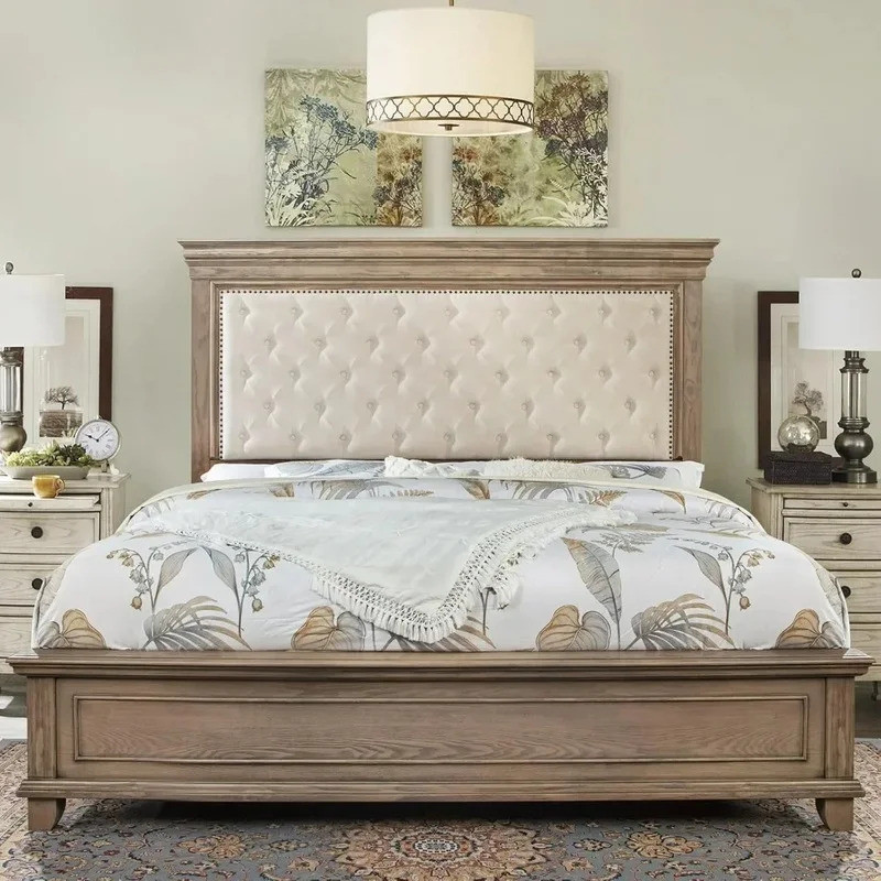 โครงเตียงหัวเตียงที่ยกย่อ แพลตฟอร์มกลางศตวรรษไม้เนื้อแข็ง การออกแบบสถาปัตยกรรม สปริงไม่มีกล่อง โอ๊คเบาเสร็จ