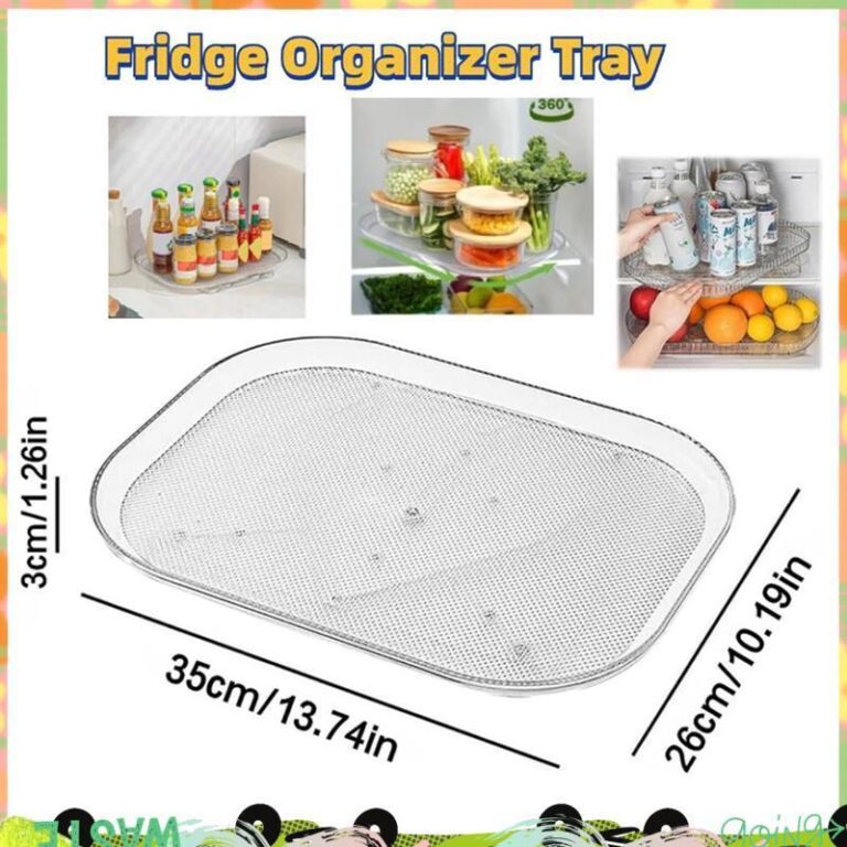 แผ่นเสียงออแกไนเซอร์สาหรับตู้เย็น360 หมุนได้สี่เหลี่ยมผืนผ้าชั้นเก็บที่ชัดเจนแผ่นเสียงชั้นวางถาดสาหรับตู้ครัวใช้งานง่ายใส