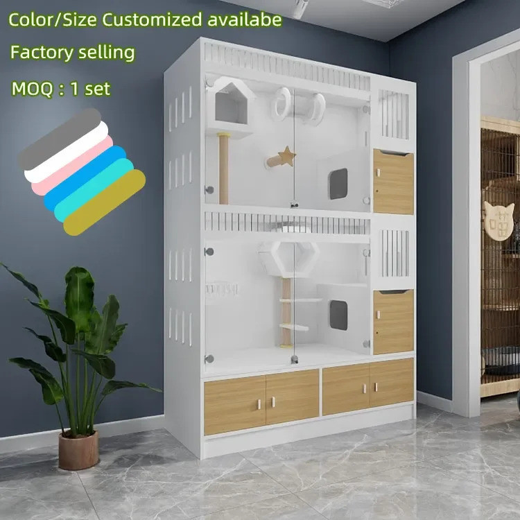 ร้อนขายแฟชั่นออกแบบเฉพาะเป็นมิตรกับสิ่งแวดล้อมพื้นที่ขนาดใหญ่ประตูกระจกสีขาว3ชั้นพันธุ์ไม้สัตว์เลี้ยงวิลล่าแมว กระดาน