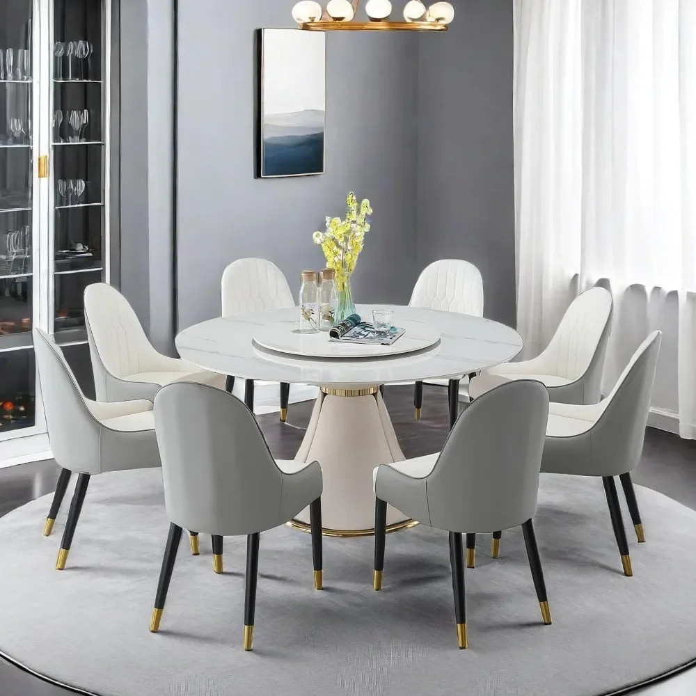 ชุดโต๊ะอาหาร 9 ชิ้น 59 โต๊ะอาหารทรงกลมพร้อมถาดหมุน โต๊ะรับประทานอาหารหินอ่อนเทียม 1 ชิ้น เก้าอี้หนัง Pu 8 เก้าอี้ Fu