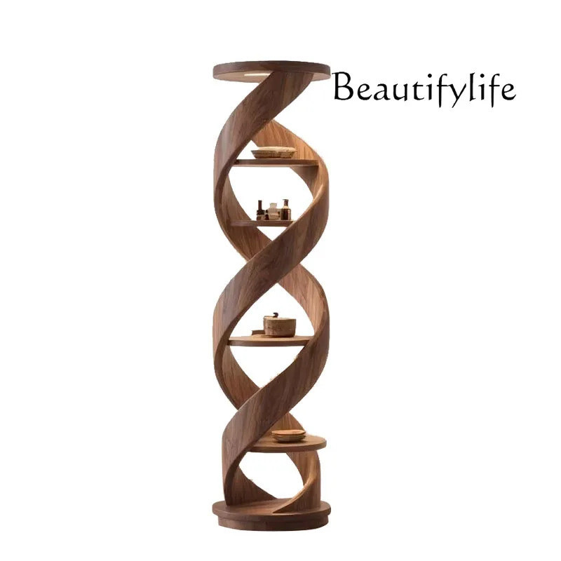 North American Black Walnut Bookshelf ใหม่จีนชั้นวางไม้เนื้อแข็งออกแบบ Double Helix Wall ชั้นวางตกแต่ง
