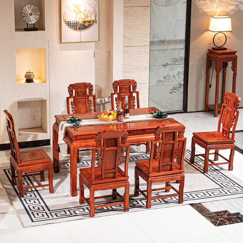 เฟอร์นิเจอร์ไม้มะฮอกกานี พม่า ชิงชัน โต๊ะรับประทานอาหารยาวผลไม้ใหญ่ไม้จันทน์สีแดงจีนไม้เนื้อแข็งร้านอาหารโต๊ะรับประทานอาหารตะวันตกเก้าอี้รวมกัน