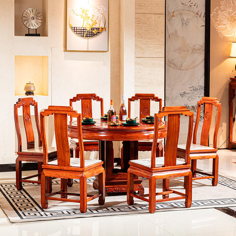 มะฮอกกานีโต๊ะรับประทานอาหารพม่าชิงชันโต๊ะกลมเก้าอี้รวมกันผลไม้ใหญ่ไม้จันทน์สีแดงสไตล์จีนไม้เนื้อแข็งธรรมดาโต๊ะกลมโต๊ะรับประทานอาหารในครัวเร