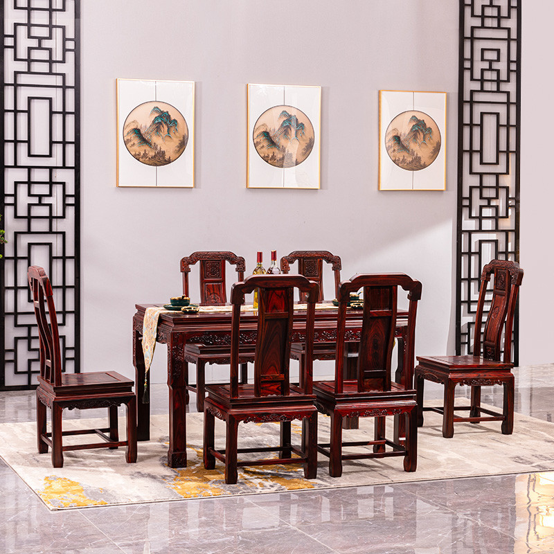 มะฮอกกานีโต๊ะรับประทานอาหารอินโดนีเซียสีดาชิงชันโต๊ะรับประทานอาหารตะวันตกกว้างใบชิงชันสไตล์จีนไม้เนื้อแข็งหนึ่งตารางหกเก้าอี้ครัวเรือนร้านอาหารรว