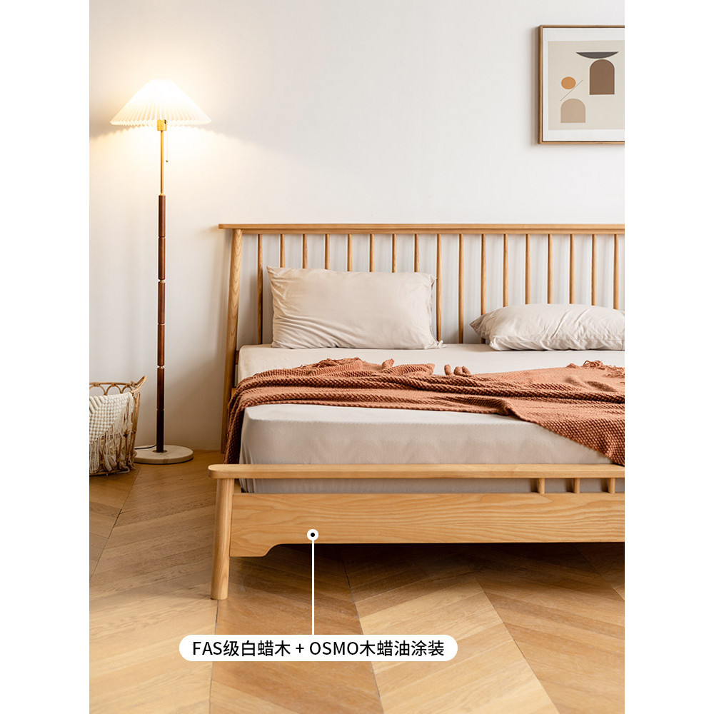สีขาวนอร์ดิกเตียงไม้เนื้อแข็งสไตล์ญี่ปุ่นเตียงใหญ่เตียงคู่ที่ทันสมัยเรียบง่ายไขลานเตียง18เมตรห้องนอนสีขาวไม้ขี้ผึ้งเตียง