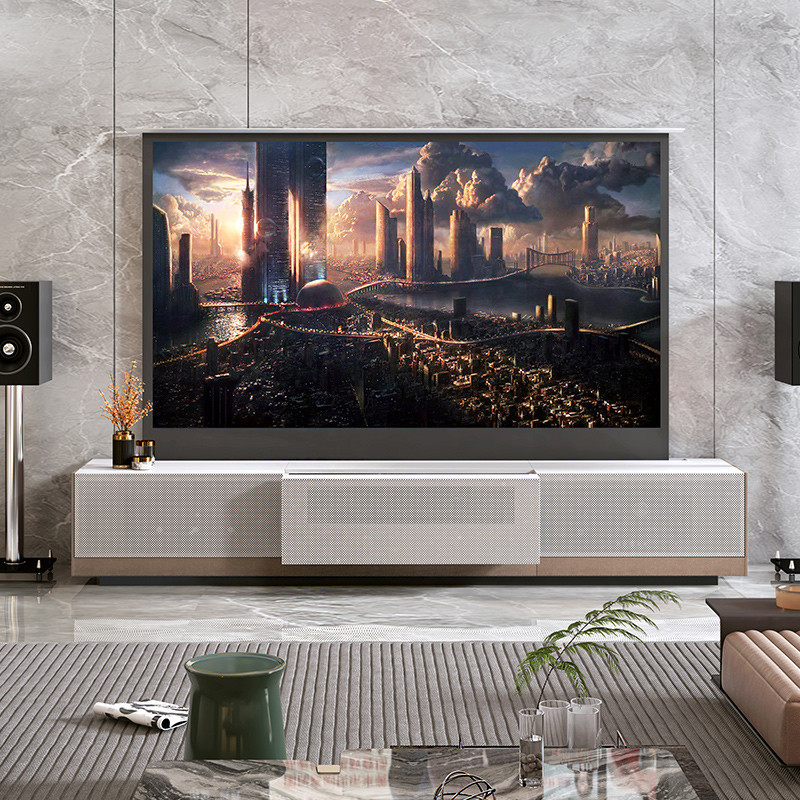 สมาร์ทไฟฟ้าพื้นดินยกหน้าจอเลเซอร์ตู้ทีวี333เซนติเมตรทุ่มเทหดหยิกแบบบูรณาการตู้โฮมเธียเตอร์