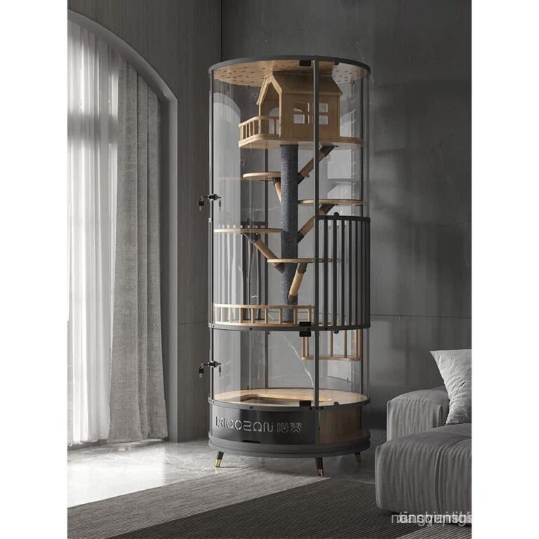 วิลล่าแมวทรงกระบอกโปร่งใสโปร่งใสออกแบบหมุนได้เหมาะสาหรับใช้งานในร่มพร้อมโถสุขภัณฑ์ในตัว