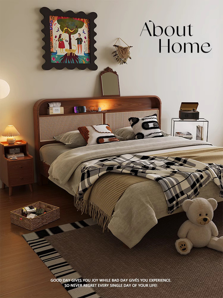 หวายสไตล์เตียง Preorder 18m wrp sabi ทอ Nordic Wabi ไม้เตียงคู่ทึบโมเดิร์นเรียบง่ายสไตล์โบราณเตียงห้องนอนใหญ่