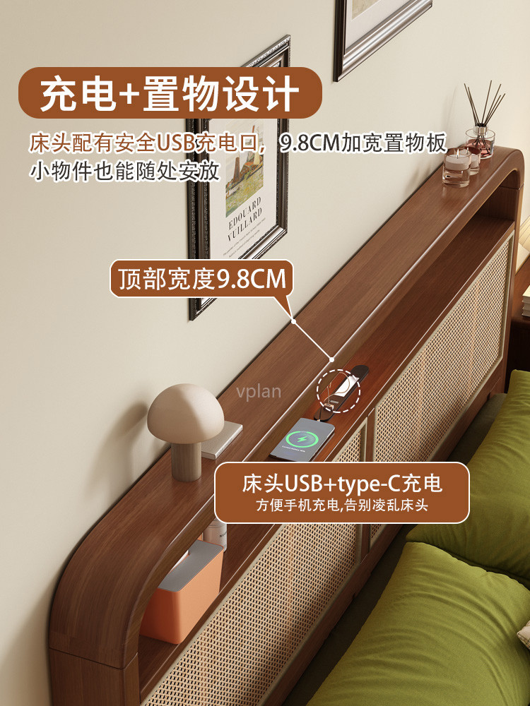 หวายทึบ Wrap ไม้ทอ Preorder สไตล์ sabi Nordic Wabi 18m เตียงเตียงคู่โมเดิร์นเรียบง่ายสไตล์โบราณเตียงห้องนอนใหญ่