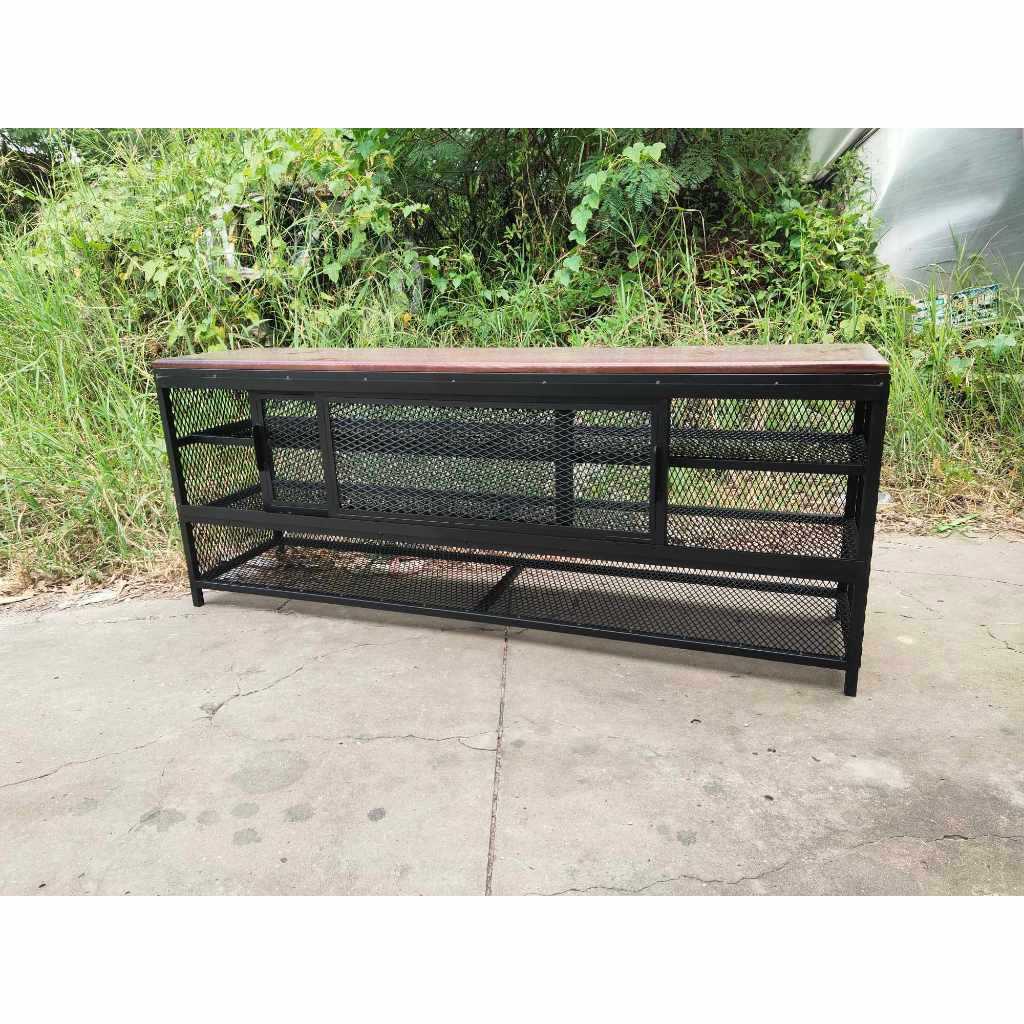 IRONSERVICE ชั้นวางรองเท้า บานสไลด์บนแบบ 4 ชั้น โครงเหล็กกันสนิม ไม้แท้เคลือบเงาใส จัดส่งเร็ว