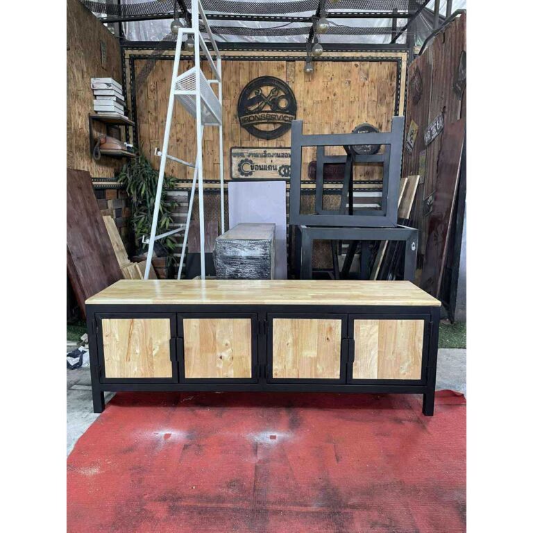 IRONSERVICE ชั้นวาง TV 4 บานพับ ช่องเก็บของ โครงเหล็กกันสนิม ไม้แท้เคลือบเงาใส จัดส่งเร็ว