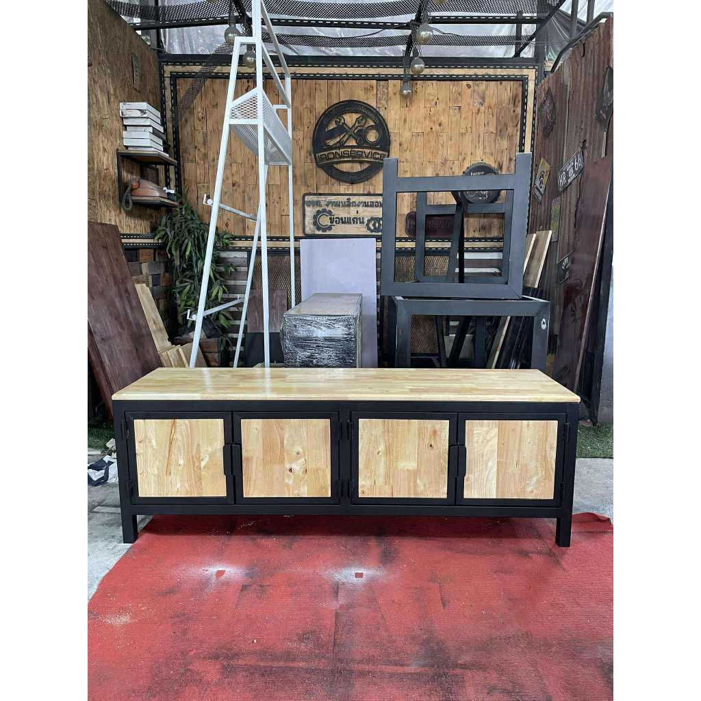 IRONSERVICE ชั้นวาง TV 4 บานพับ ช่องเก็บของ โครงเหล็กกันสนิม ไม้แท้เคลือบเงาใส จัดส่งเร็ว