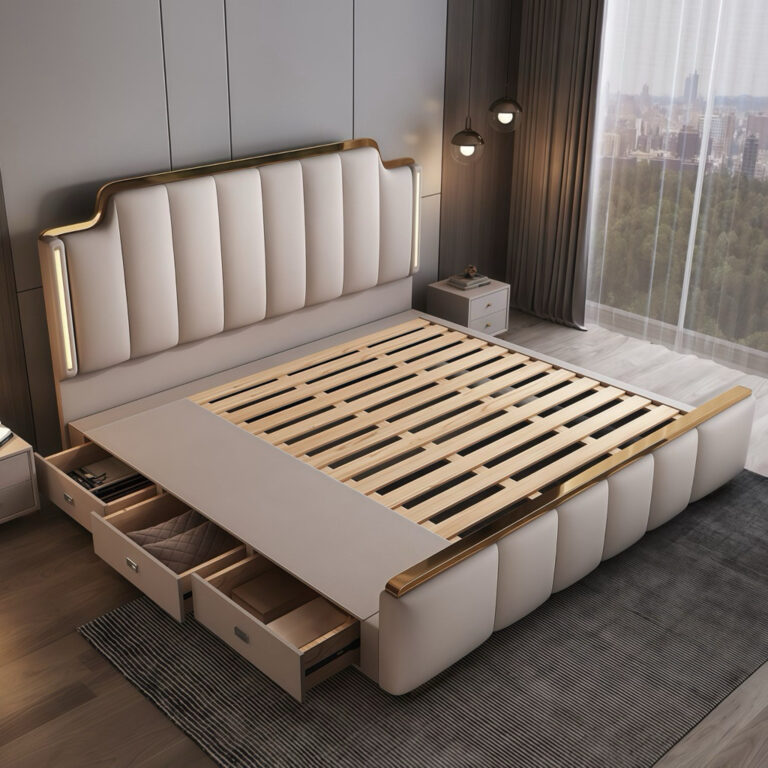 DV001B เตียงนอนหรูนำเข้า รุ่น Lumina สไตล์ยุโรป มีไฟ LED หัวเตียง มีลิ้นชักเก็บของ งานพรีเมียมคัดเกรดจาก DEVERLuxury